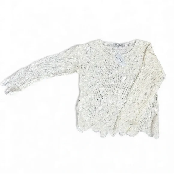 WD·NY Ivory Openwork Crochet Sweater Scalloped Hem Boho Romantic M Holiday Gift - Picture 9 of 11
